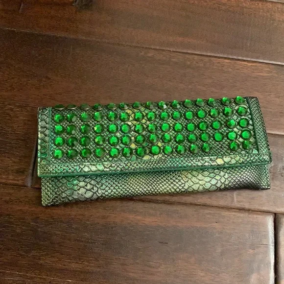 Christian Audigier Bags Christian Audigier Green Bejeweled Clutch Used Poshmark